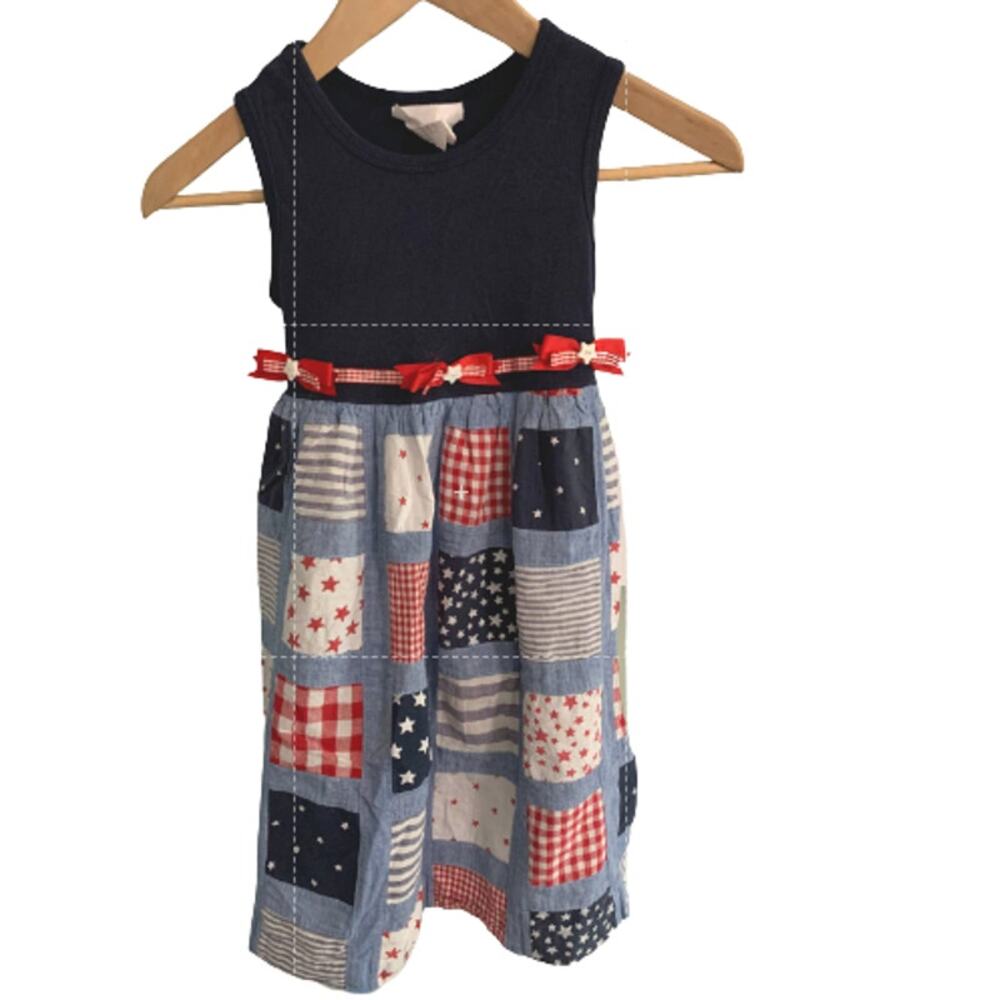 Bonnie Jean New York 6X Vintage Denim Bow Patchwork Dress Sleeveless Blue Multi